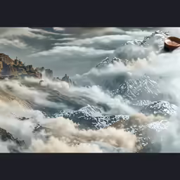 a bird flying over a group of mountains