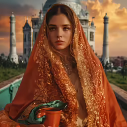 a woman sits on a train track while wearing an orange shawl
