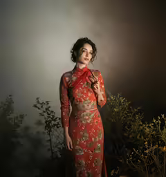 a woman in a long dress holding a flower