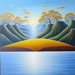 a painting of trees, and a mountain lake,painting of landscape in blue, orange and yellow,this is a painting of a view of trees and water,a painting of a landscape with a lake and trees,a painting depicting the sun rising over a mountain landscape