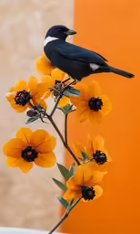 there is a bird perched on top of the flowers