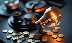 lit light bulb on top of various coins in front of a dark surface
