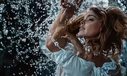 a woman wearing white is holding the wind