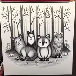 this is an ink drawing depicting five fox