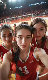 three girls standing in the middle of a basketball court