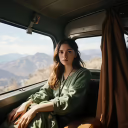 the woman is in her camper and sitting next to the window