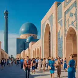 people walking by large stone buildings and a blue dome
