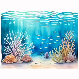 an underwater scene with corals and sea stars,an underwater scene with a fish and coral,the underwater scene is made out of watercolor,an underwater scene with corals and blue water,a painting of corals and seaweed under water