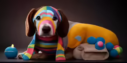 a dog that is laying next to a cake and candles