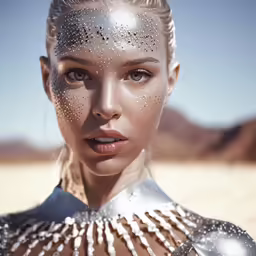 a woman is seen dressed in silver