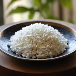 rice sprinkled with sugar on a blue and brown plate