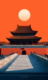 an oriental building and sun in orange sky