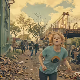 the young girl running along the dirty road in front of people