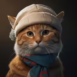 an orange tabby cat wearing a hat and scarf