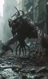 a group of monsters moving through a street with a man in a red shirt