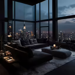 a living room filled with couches and a view of a city at night