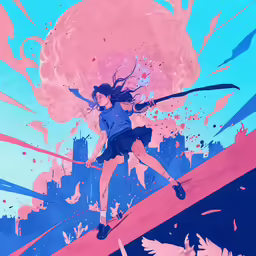 a woman standing on a pink surface as birds fly behind her