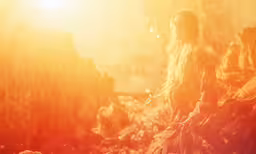a woman standing in the forest with her head down and the light from behind her