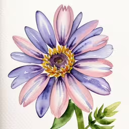 a painting of a purple and white flower,a watercolor painting of a blue and pink flower