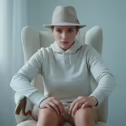 a woman wearing a white sweater and hat is sitting in a chair