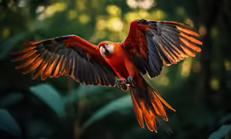 a red parrot flying with its wings open