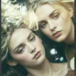 two beautiful women laying together in front of a mirror
