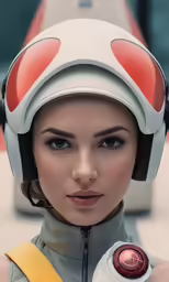 the woman in an orange collar and white helmet is posed for a portrait