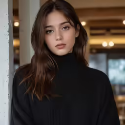 a woman standing near a wall wearing a black turtle neck sweater