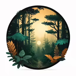 a circular forest scene, in front of the setting sun
