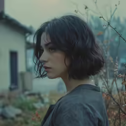 woman looking off into distance near abandoned building