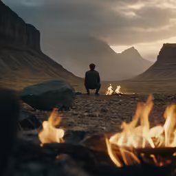 man sitting in front of a campfire, looking out at the mountain range