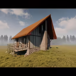 a cottage in a green field with trees on the other side