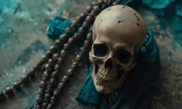 a human skull with long beads and a rosary