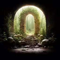 a man walking under an archway with rocks and plants