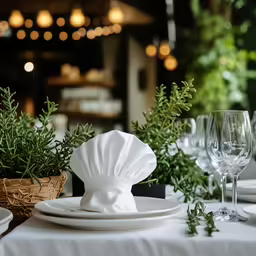 a place setting with greenery and wine glasses