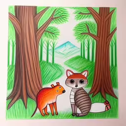 an image of a painting of two animals in the forest