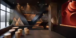 the interior of a very stylish restaurant with dark stone and wood