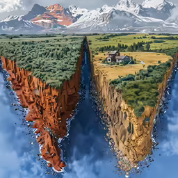 a surreal image of an island and a house in the sky