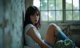 a girl is sitting in the corner of a room