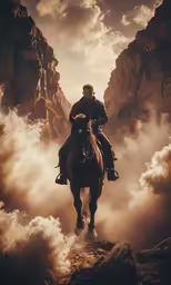 the man on the horse is riding in the clouds