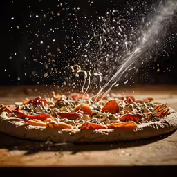 the pizza is being topped with fresh cheese