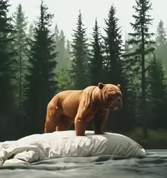 a brown bear standing on top of a white bag