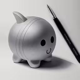 a white toy next to a black and white pen