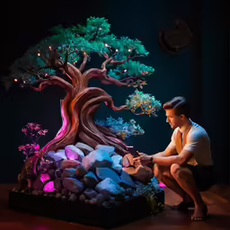 a man kneeling down next to a tree with rocks around it