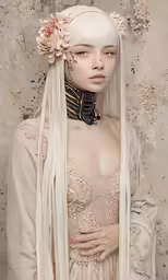 a photograph of a woman with long white hair and a pale gown and flower hairpiece