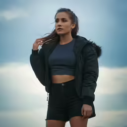 a young woman with her hair back, standing in a field