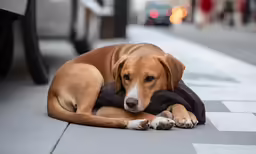 a brown dog laying on top of a black blanket