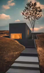 a concrete structure is lit up at dusk