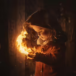 a girl in the dark holding fire in her hand
