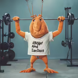 a large, mascot holding a bar with his hands behind his back